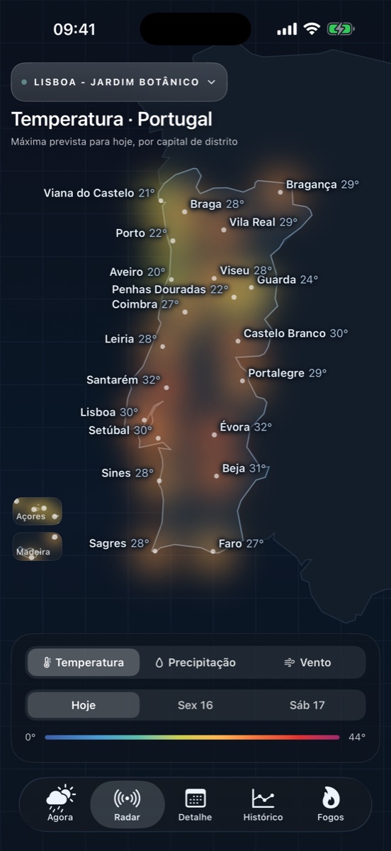Mapa de temperatura máxima por capital de distrito
